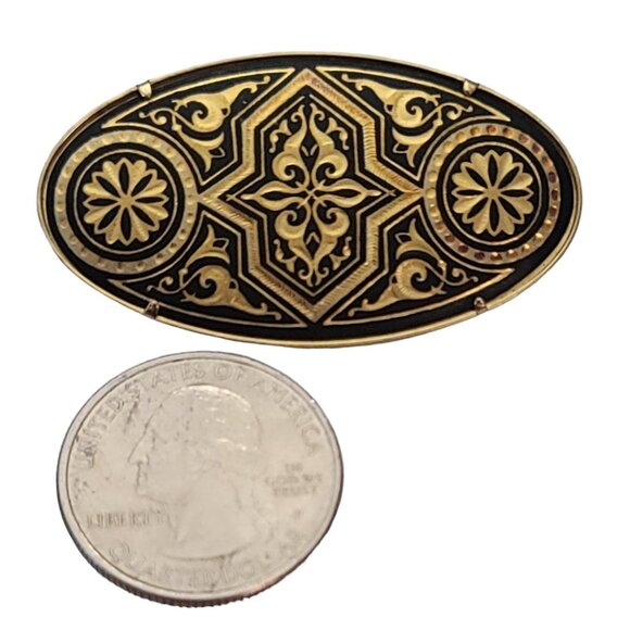 Vintage ia Midas of Toledo Trombone Clasp Oval Damascene Brooch Pin, Signed E956 - Picture 6 of 8